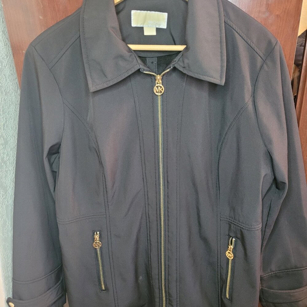 Michael Kors Black Softshell Hooded Jacket Gold Hardware Fleece Lined Parka Coat